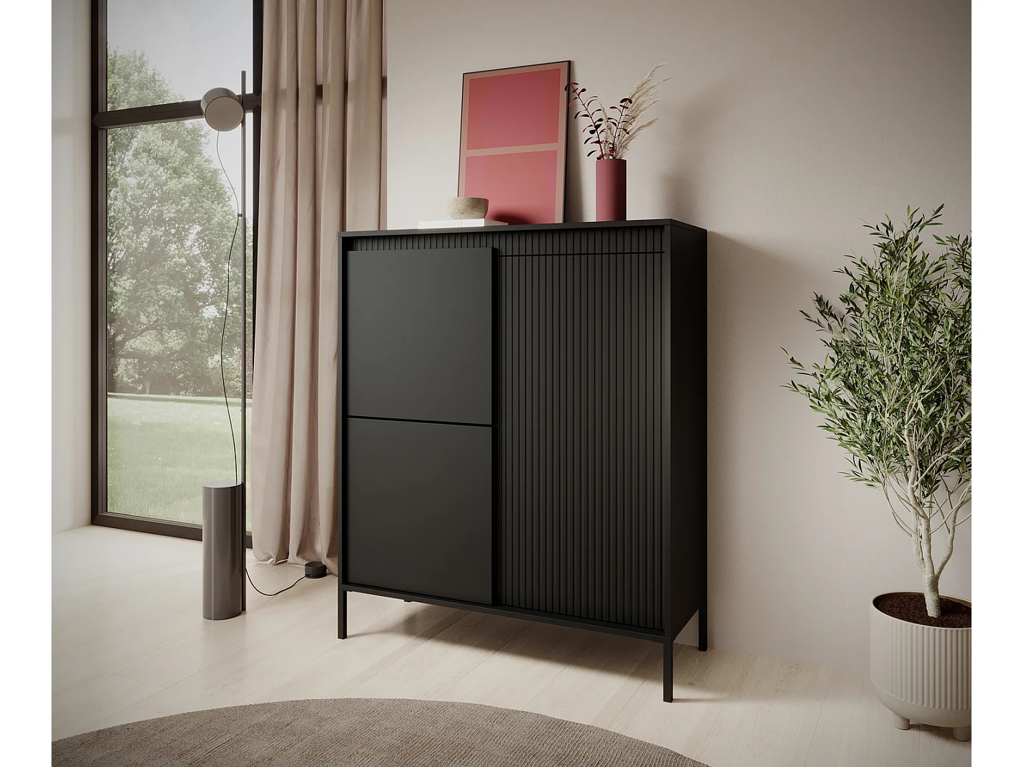 Commode noire 105 cm Santori - pieds hauts, commode à trois portes