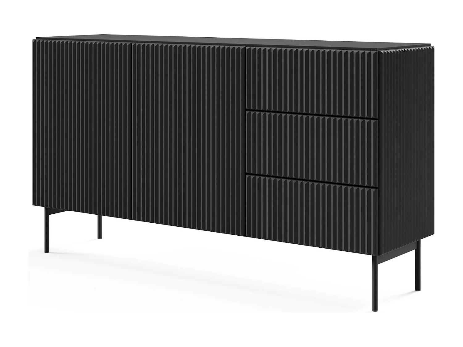 Commode met lades 147 cm Galiano - 2 deuren, hoge poten, geribbelde zwarte commode
