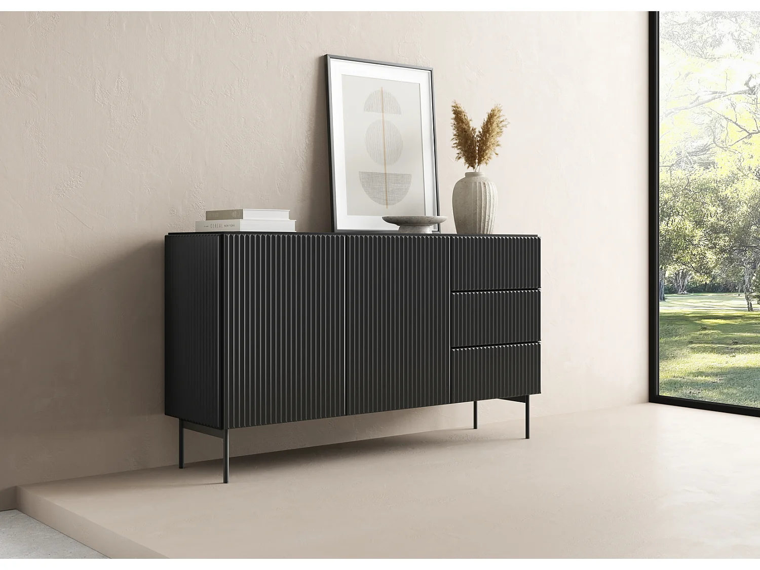 Commode met lades 147 cm Galiano - 2 deuren, hoge poten, geribbelde zwarte commode