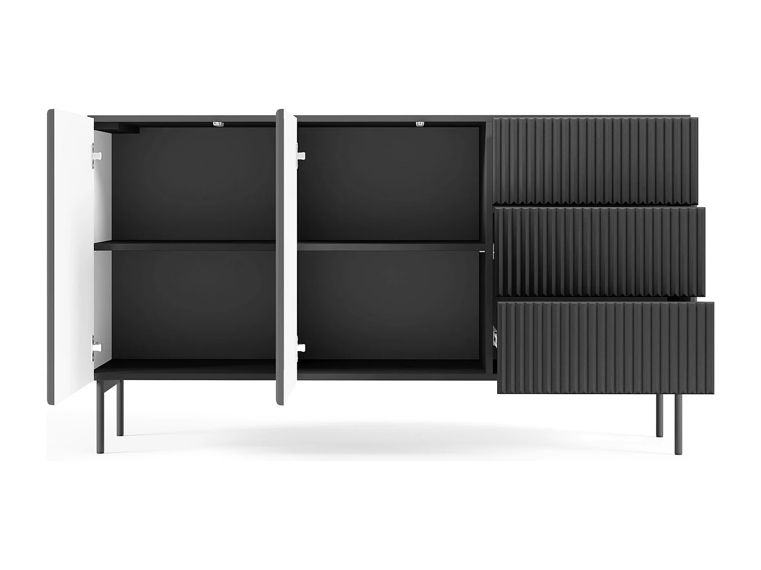 Commode met lades 147 cm Galiano - 2 deuren, hoge poten, geribbelde zwarte commode