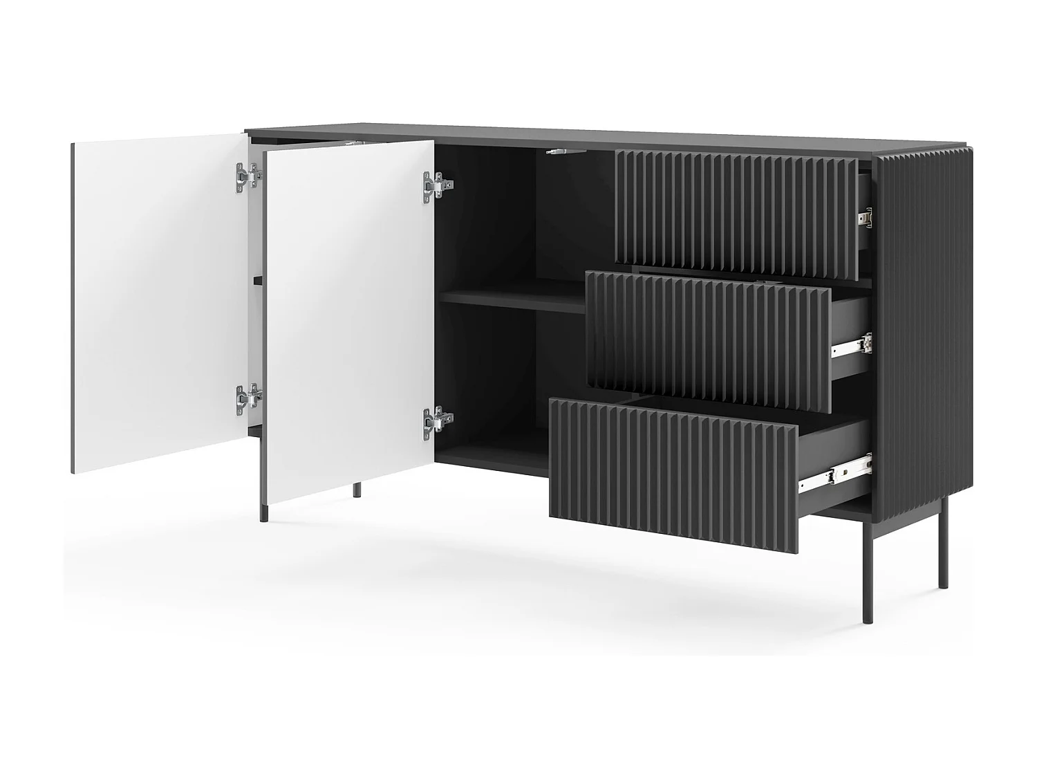 Commode met lades 147 cm Galiano - 2 deuren, hoge poten, geribbelde zwarte commode