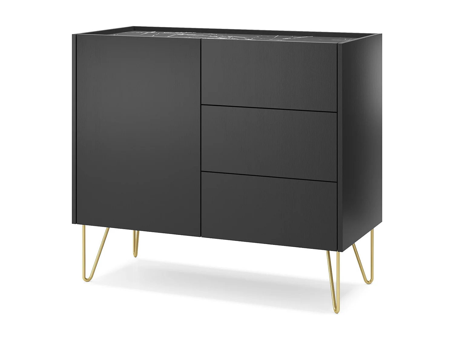 Commode avec tiroirs Olven pour le salon, portes, pieds dorés - commode noire
