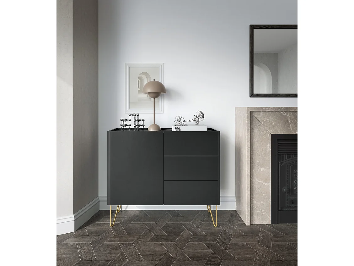 Commode avec tiroirs Olven pour le salon, portes, pieds dorés - commode noire