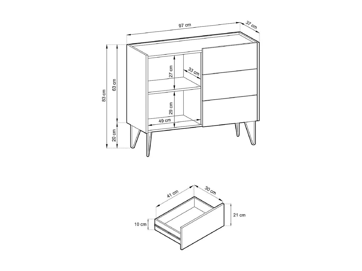 Commode avec tiroirs Olven pour le salon, portes, pieds dorés - commode noire