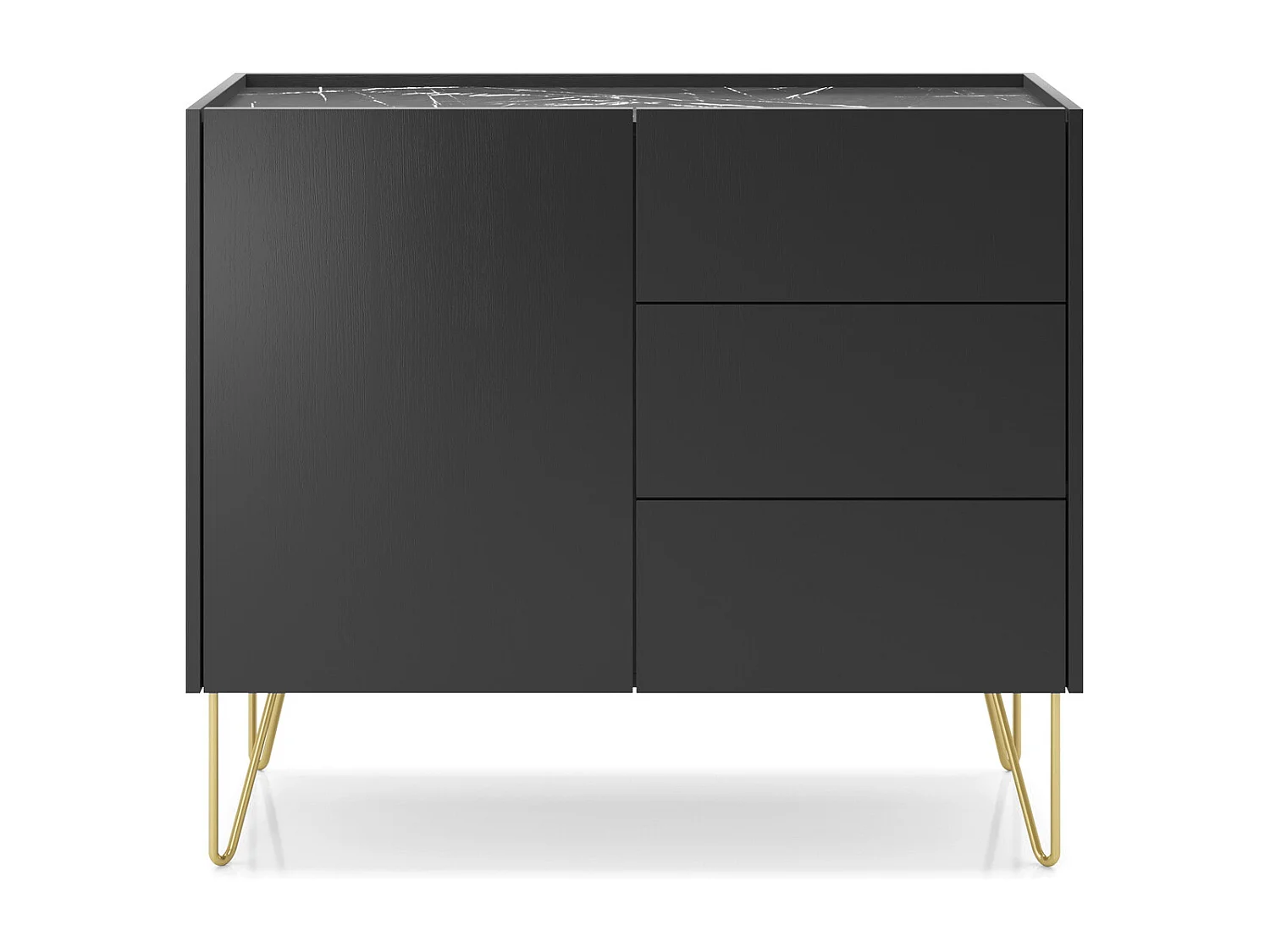 Commode avec tiroirs Olven pour le salon, portes, pieds dorés - commode noire
