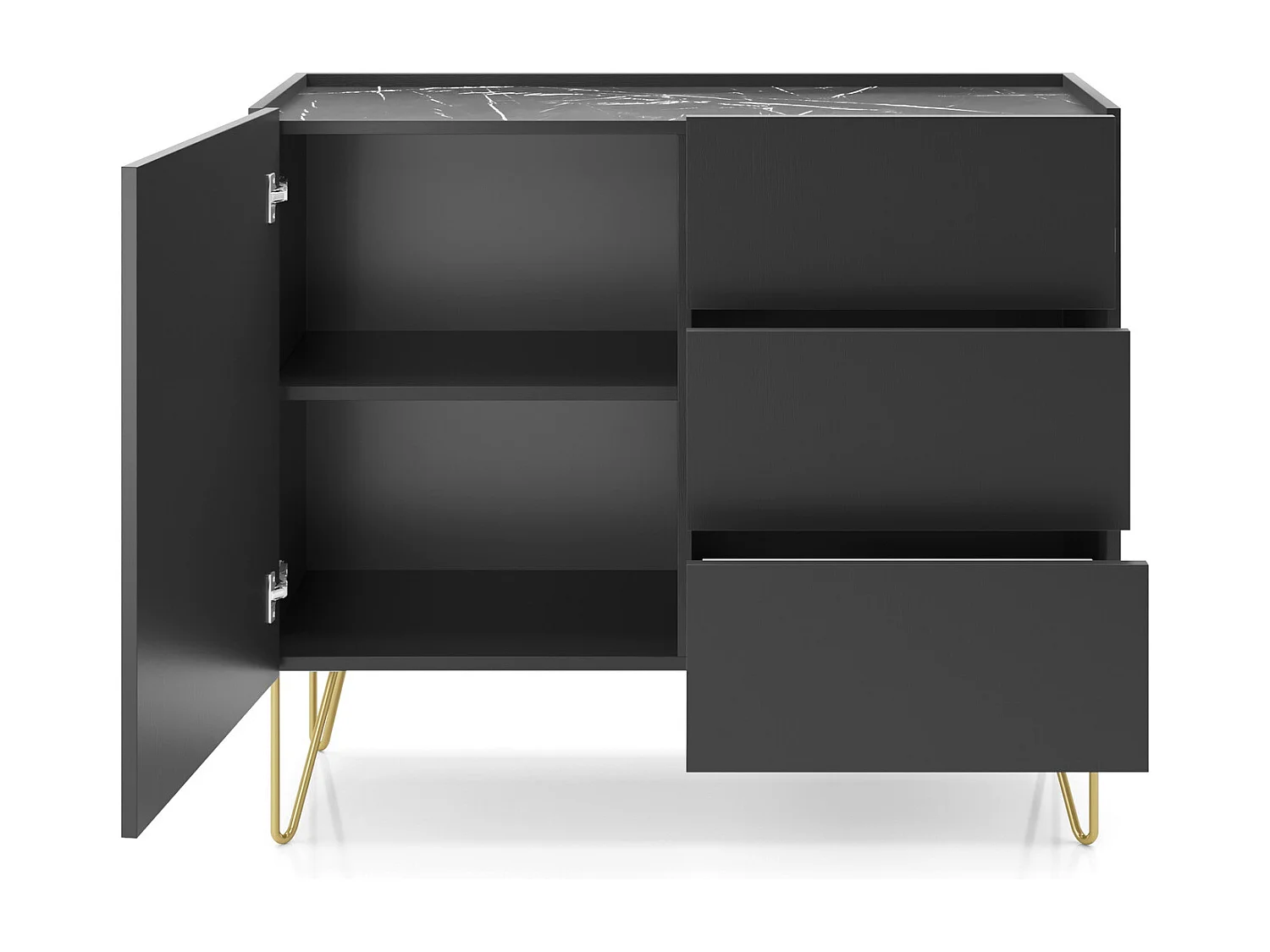 Commode avec tiroirs Olven pour le salon, portes, pieds dorés - commode noire