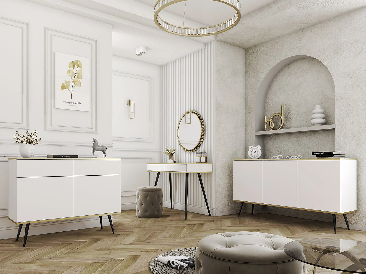 Driedelige commode Rodi 160 cm, voor de woonkamer op poten - wit + zwart