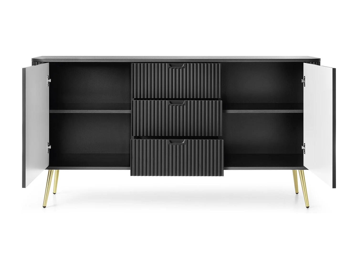 Commode avec tiroirs Gerly sur pieds - buffet 170 cm, 2 portes, noir + or