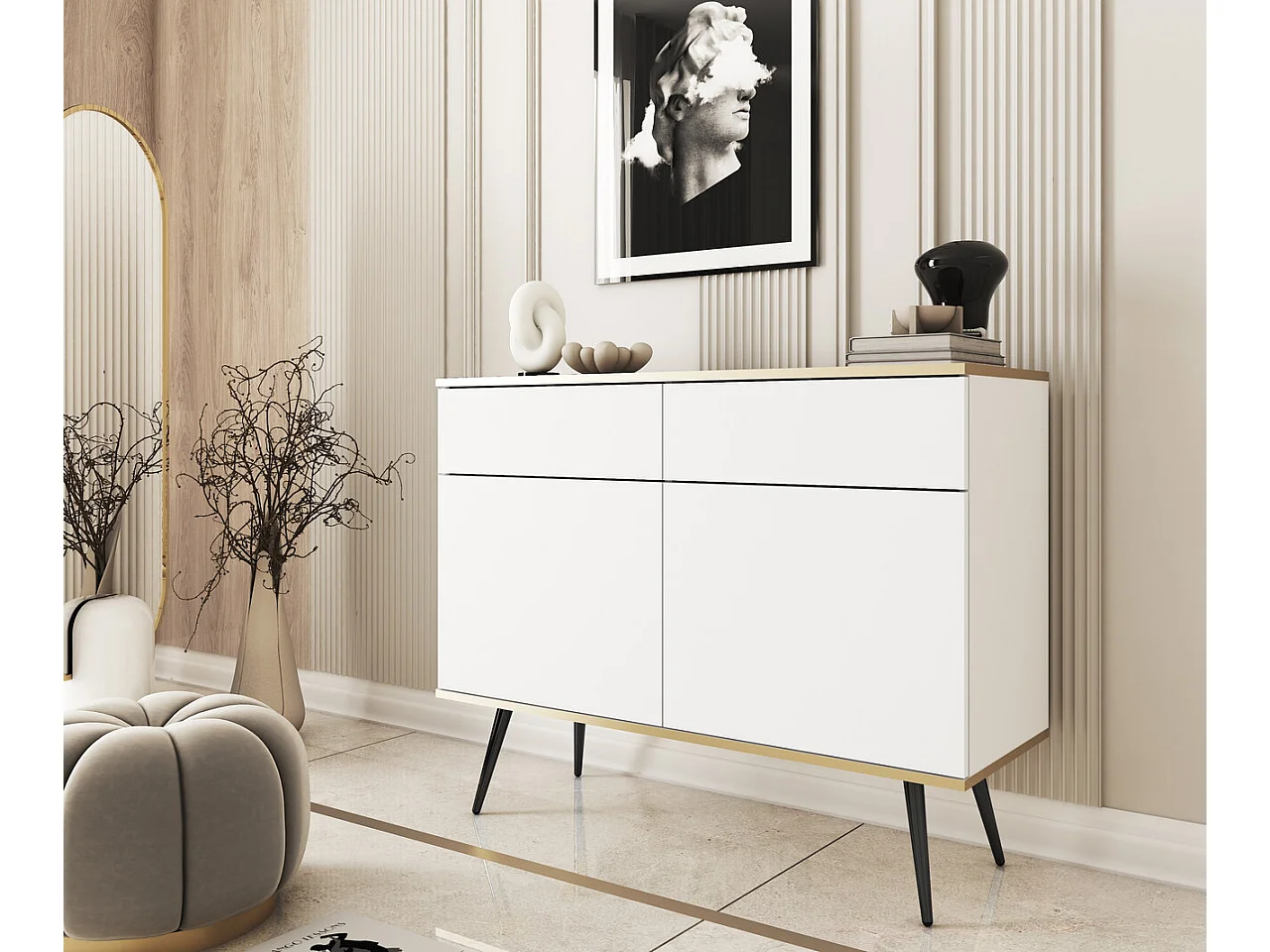 Commode met lades 107 cm Rodi, 2-deurs, op poten - woonkamerkast, wit + zwart