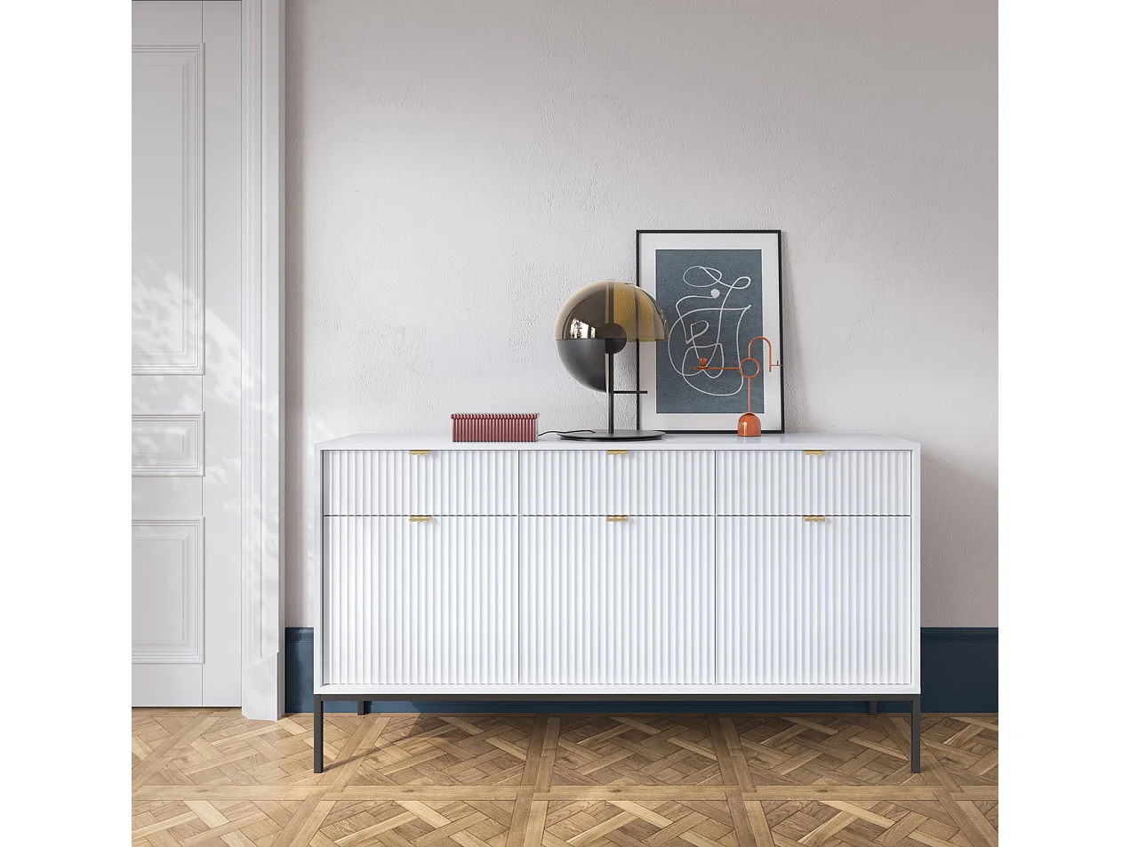 Woonkamerkast Galla - dressoir 150 cm met lades, wit + zwart