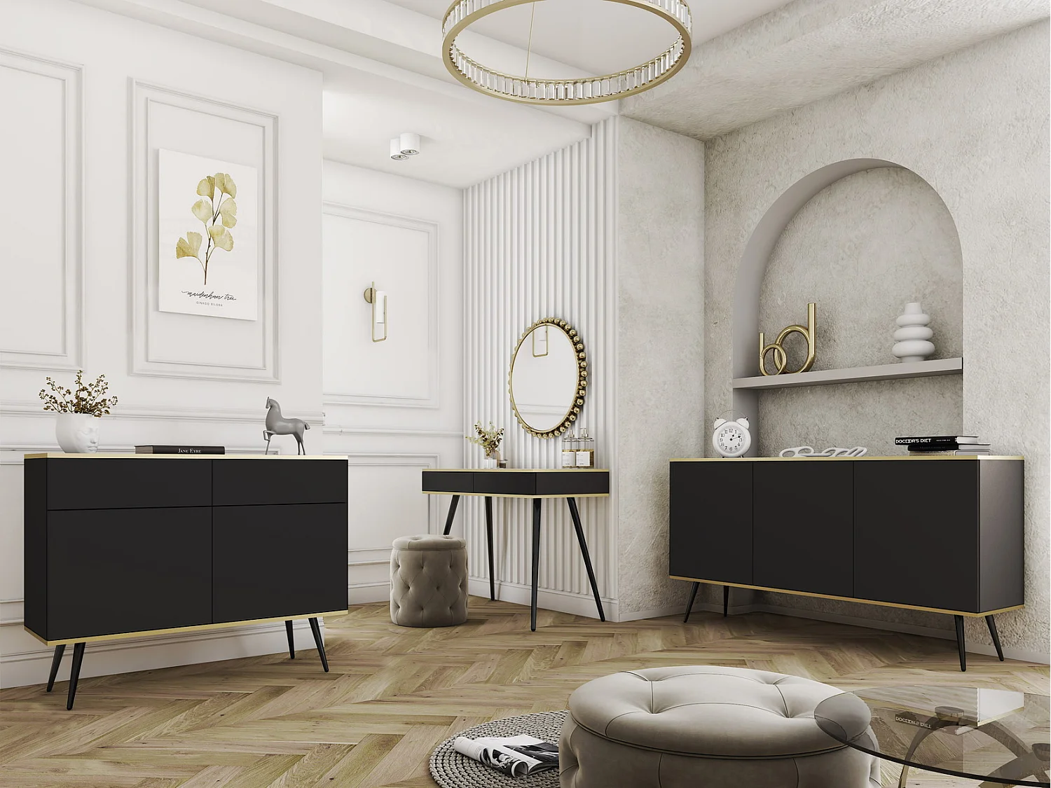 Commode met lades 107 cm Rodi, 2-deurs, op poten - woonkamerkast, zwart