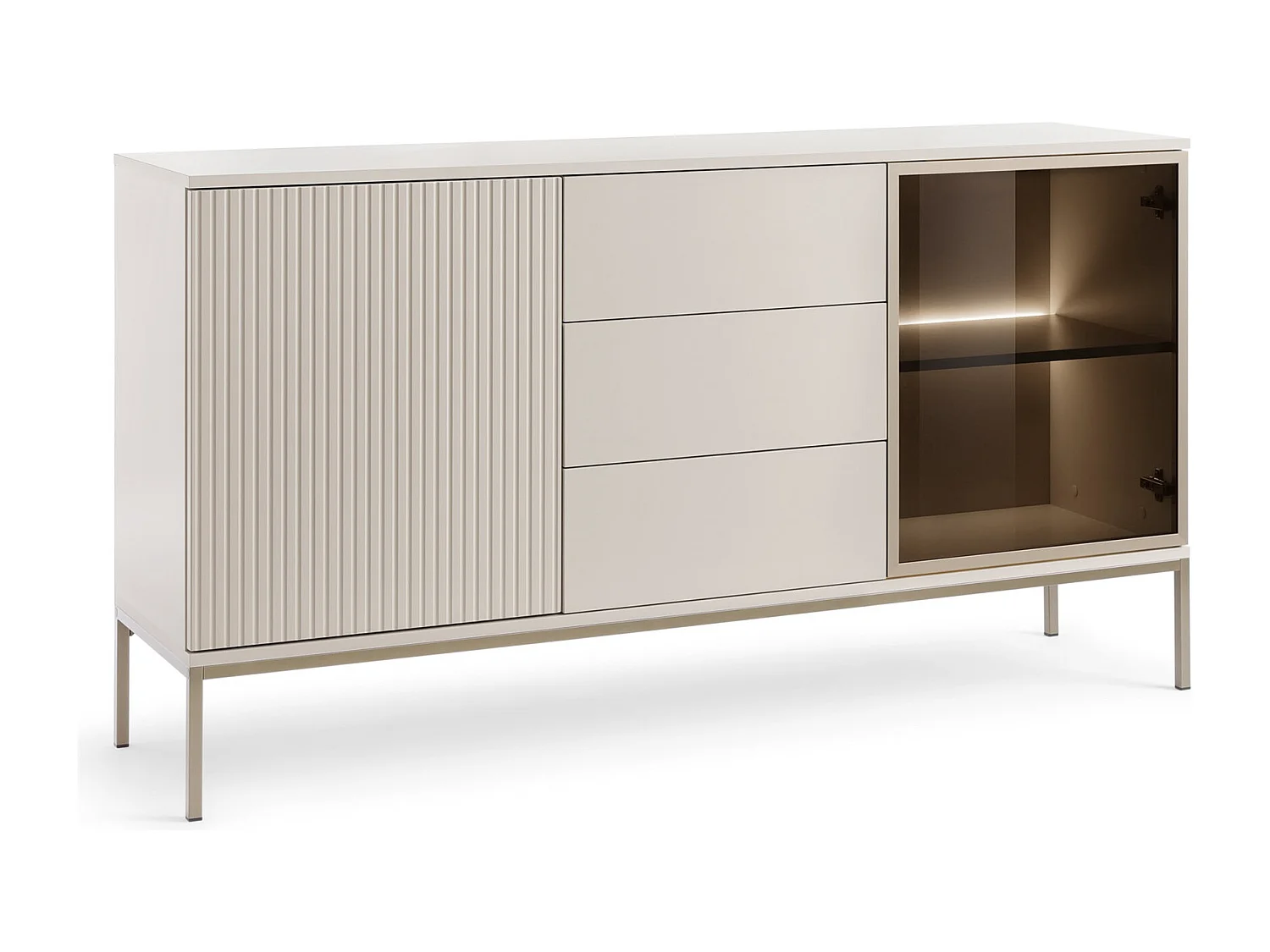 Commode 150 cm Haller - Commode 3 tiroirs, Loft, Industriel, éclairage LED, Lamelles, Cachemire