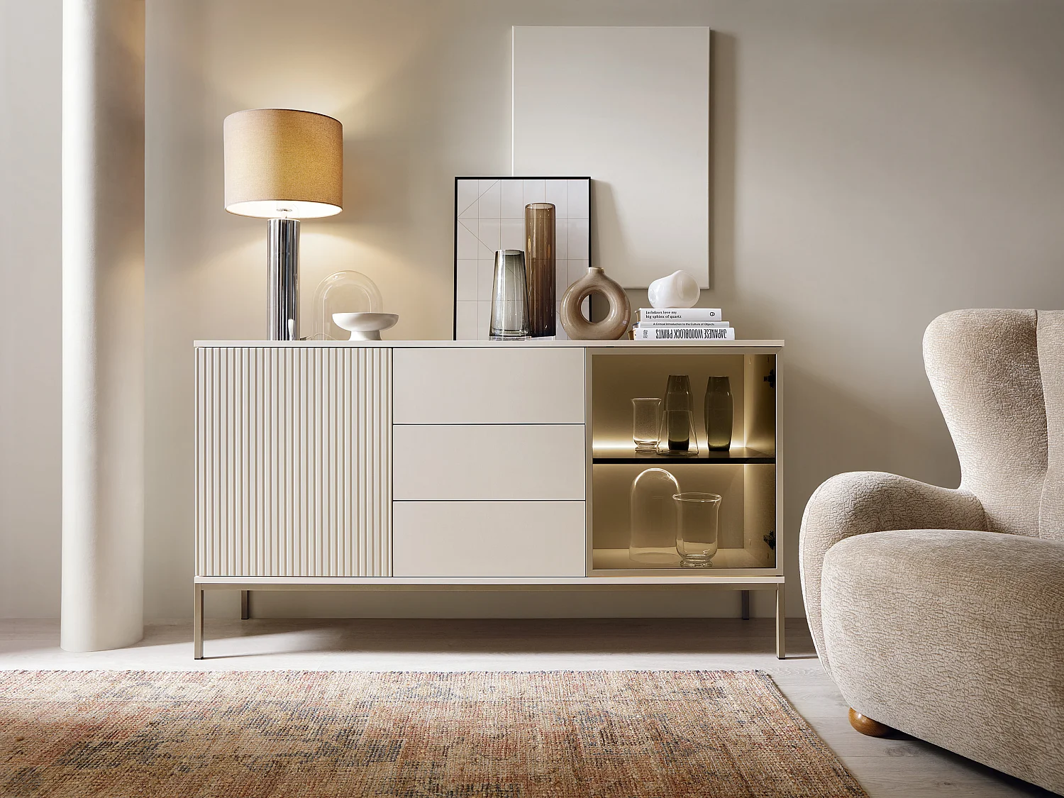 Commode 150 cm Haller - Commode 3 tiroirs, Loft, Industriel, éclairage LED, Lamelles, Cachemire