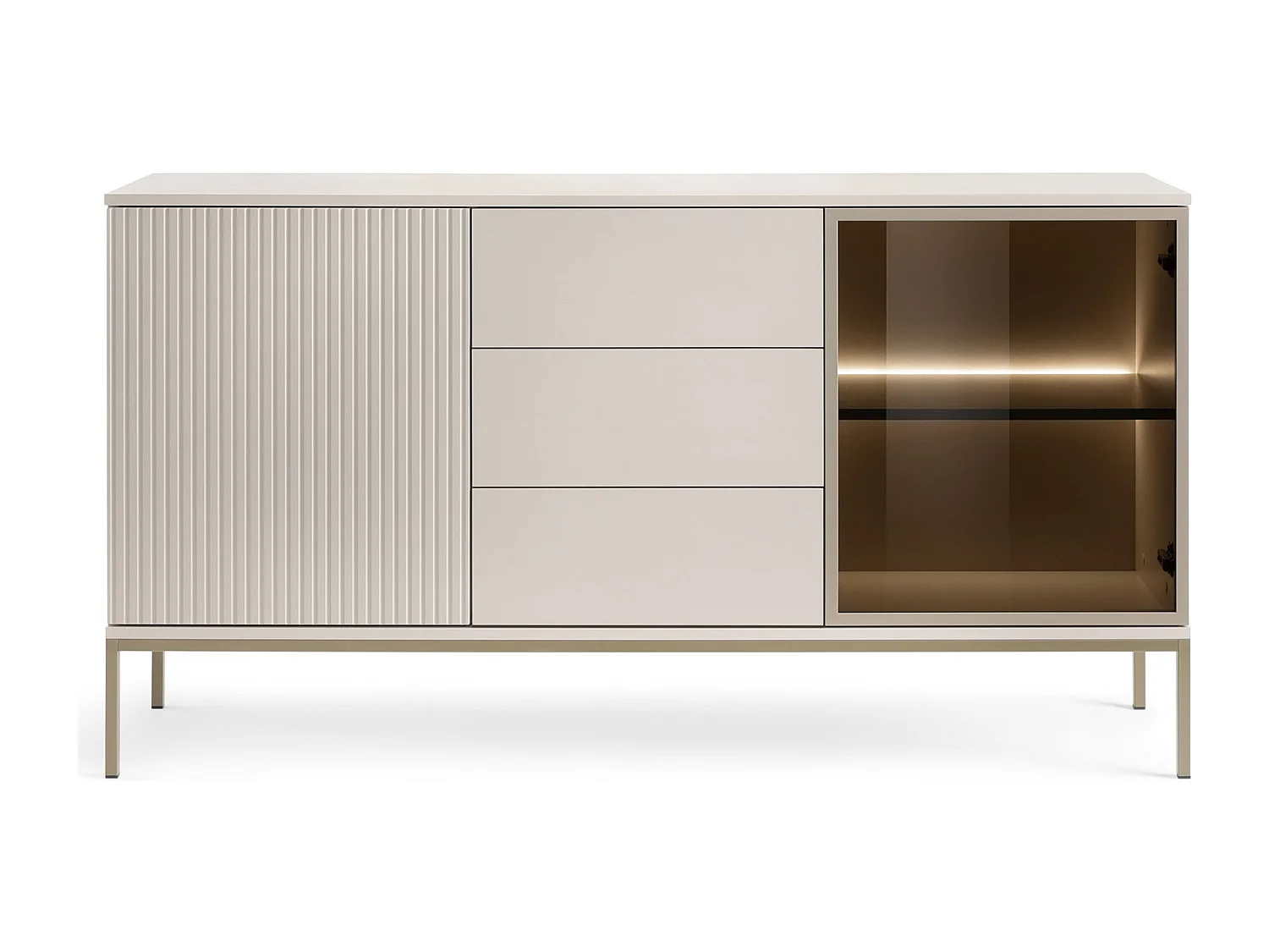 Commode 150 cm Haller - Commode 3 tiroirs, Loft, Industriel, éclairage LED, Lamelles, Cachemire