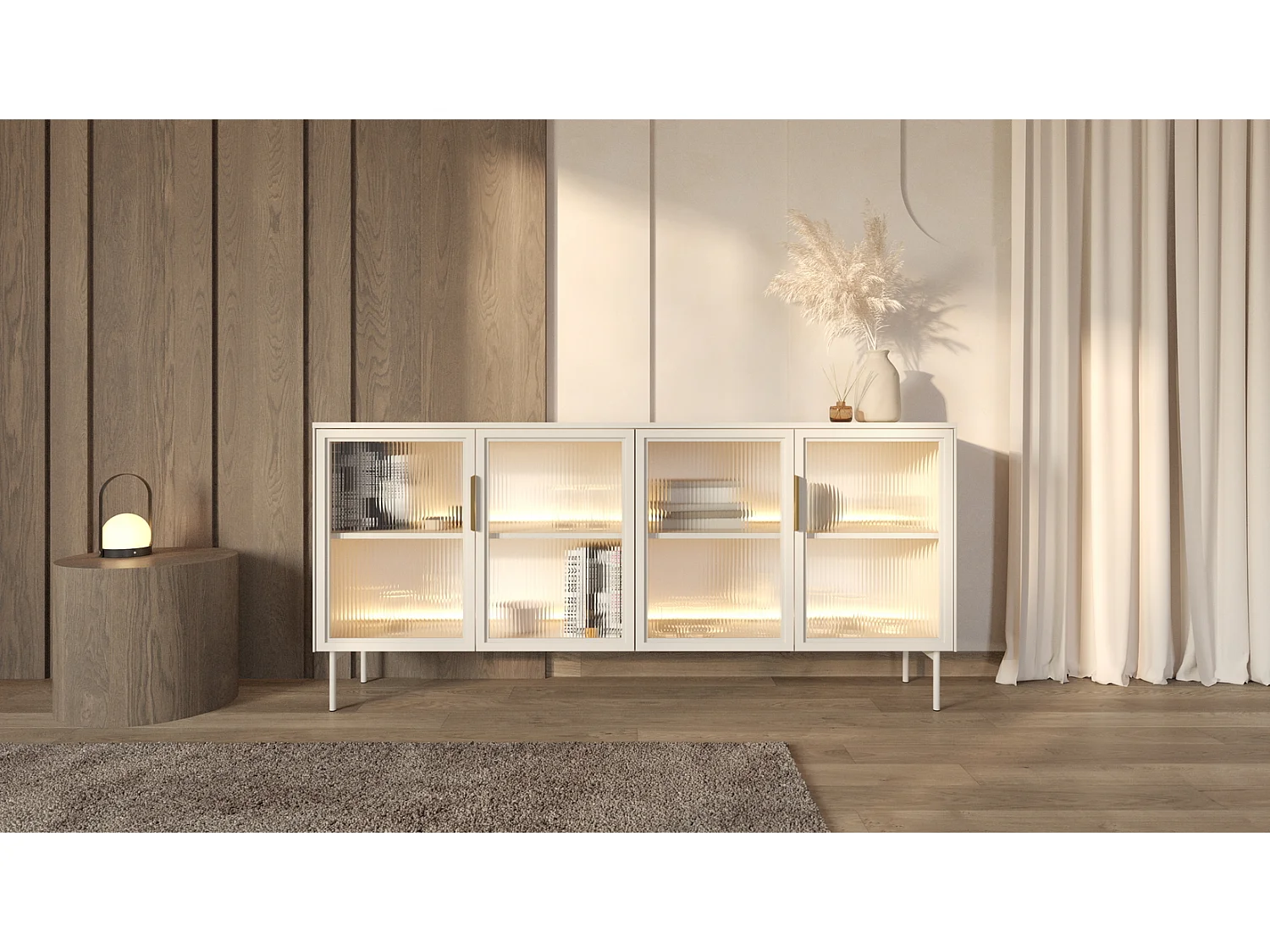 Commode sur pieds 180 cm Senzia avec LED - buffet pour le salon, 4 portes en verre - cachemire