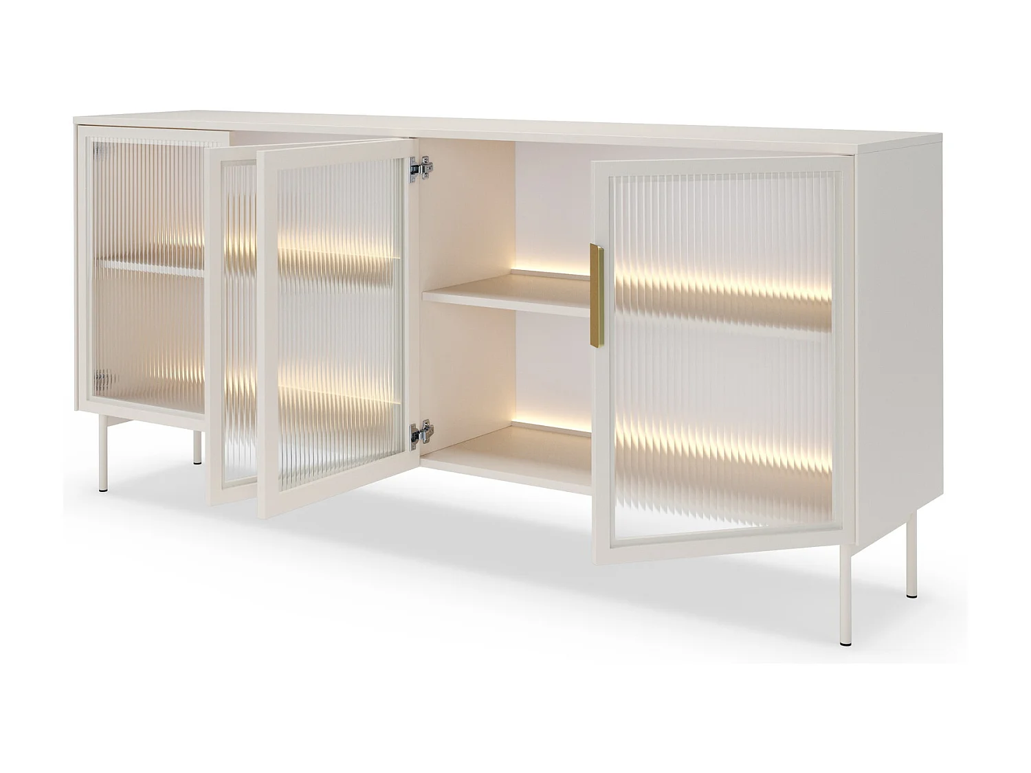 Commode sur pieds 180 cm Senzia avec LED - buffet pour le salon, 4 portes en verre - cachemire