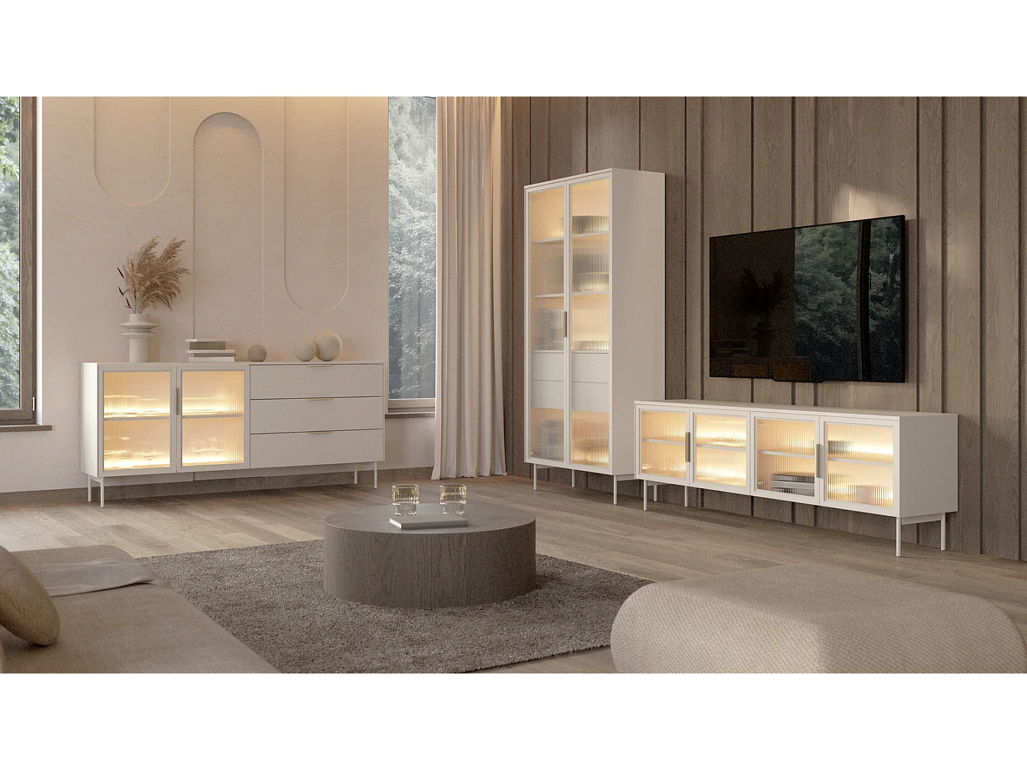 Commode sur pieds 180 cm Senzia avec LED - buffet pour le salon, 4 portes en verre - cachemire