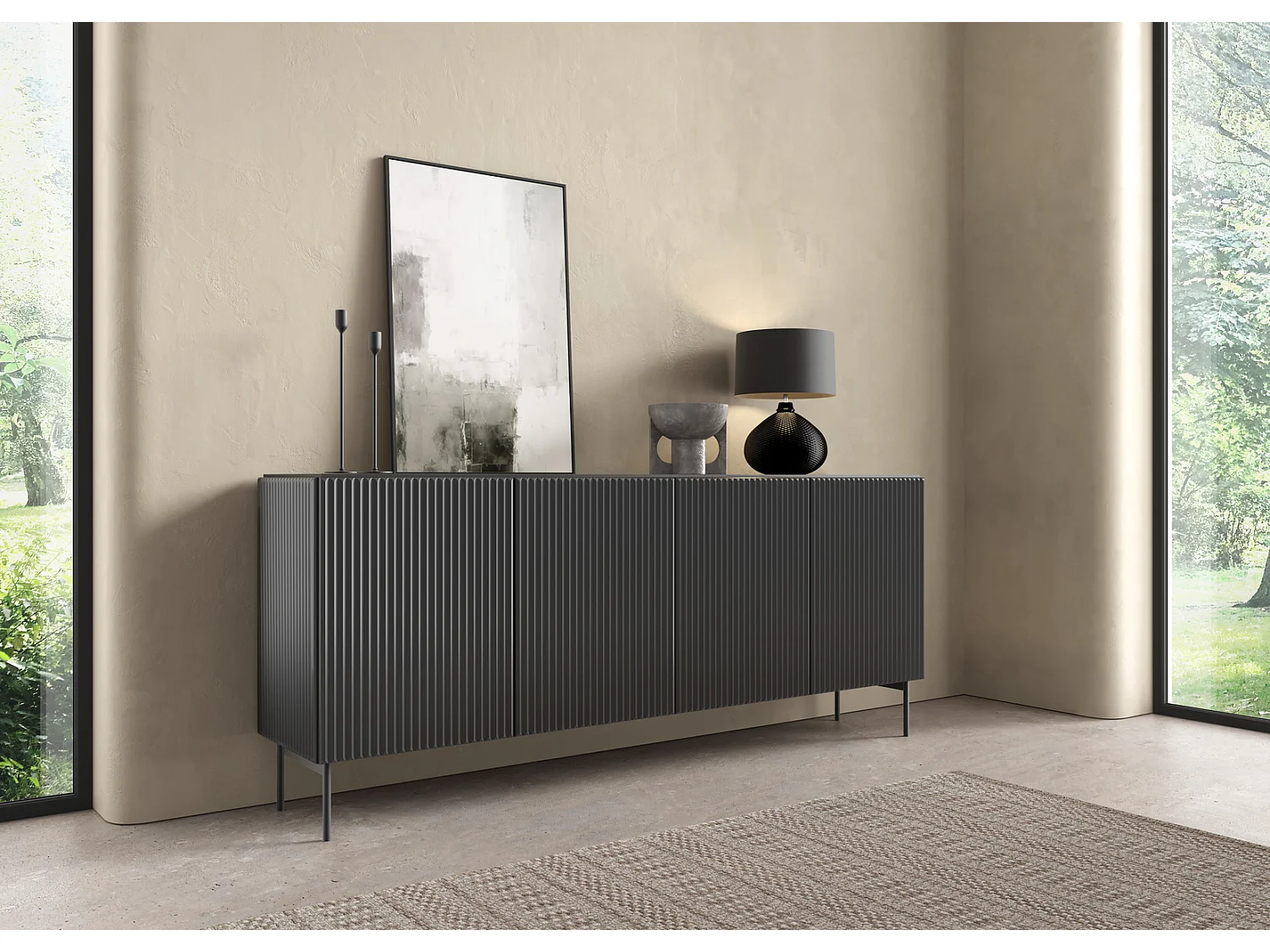 Commode 195 cm Galiano - 4 portes, pieds hauts - commode noir pour le salon