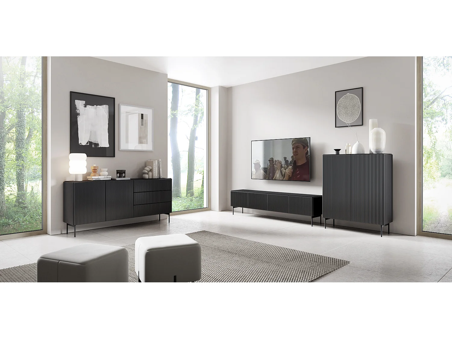 Commode 195 cm Galiano - 4 portes, pieds hauts - commode noir pour le salon