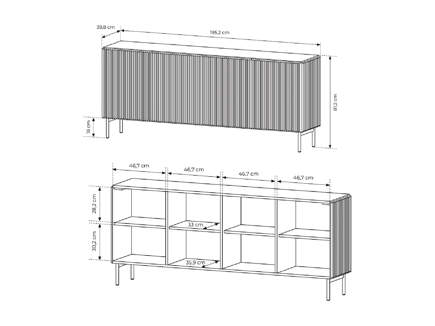 Commode 195 cm Galiano - 4 portes, pieds hauts - commode noir pour le salon