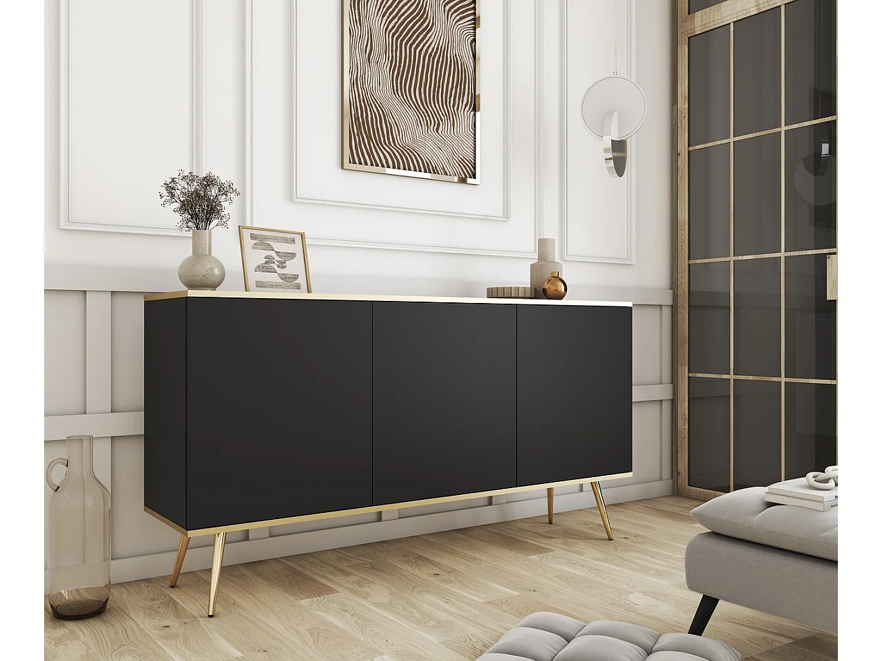 Commode trois portes Rodi 160 cm, pour le salon sur pieds - noir + or