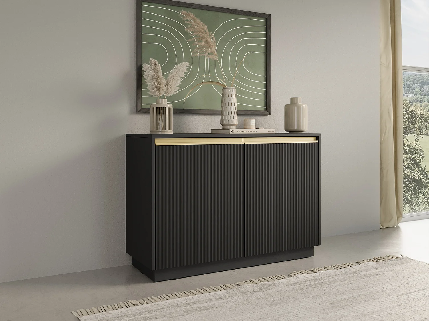 Petite commode 2 portes Baron - façades rainurées, fermeture douce, 100 cm, noir