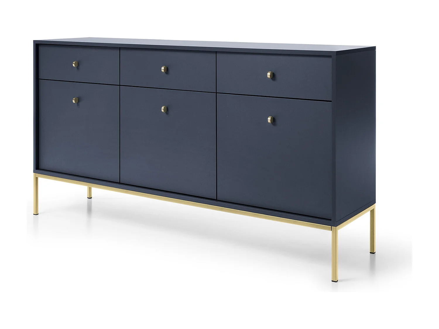 Commode 150 cm Monti - commode avec 3 tiroirs, 3 portes, pieds - bleu marine + or