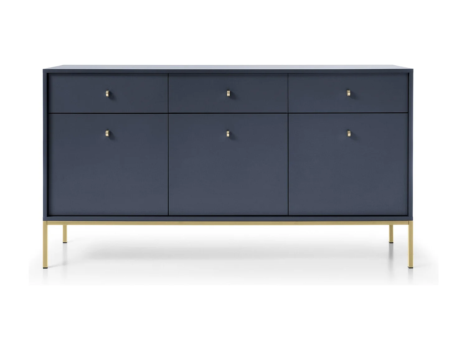 Commode 150 cm Monti - commode avec 3 tiroirs, 3 portes, pieds - bleu marine + or
