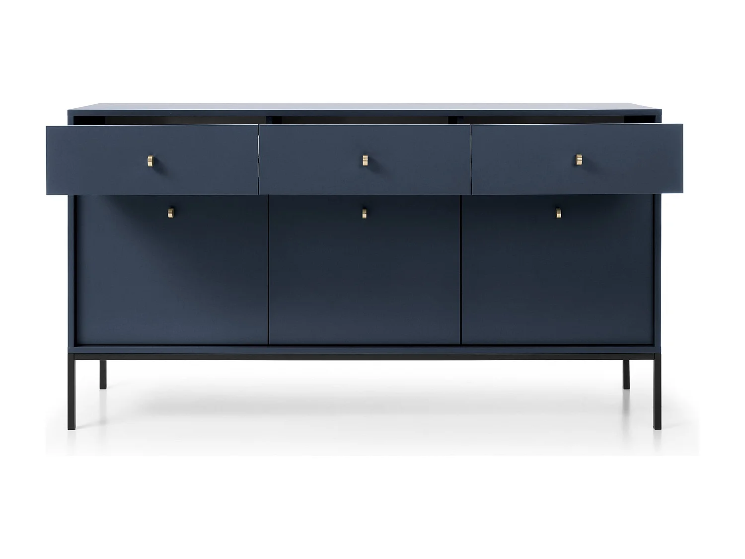 Commode 150 cm Monti - commode avec 3 tiroirs, 3 portes, pieds - bleu marine + or