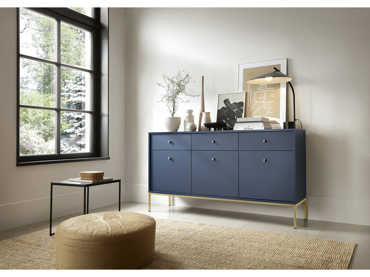 Commode 150 cm Monti - commode avec 3 tiroirs, 3 portes, pieds - bleu marine + or