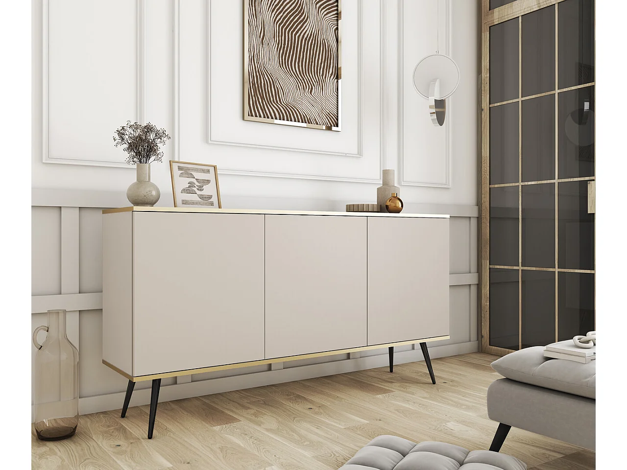Driedelige commode Rodi 160 cm, voor de woonkamer op poten - beige + zwart
