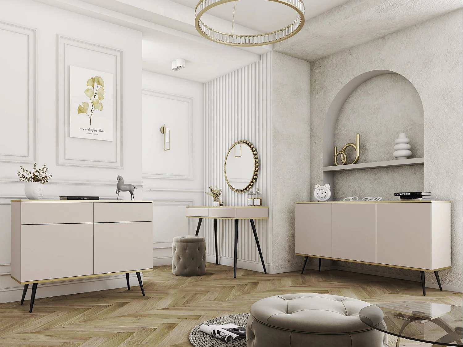 Driedelige commode Rodi 160 cm, voor de woonkamer op poten - beige + zwart