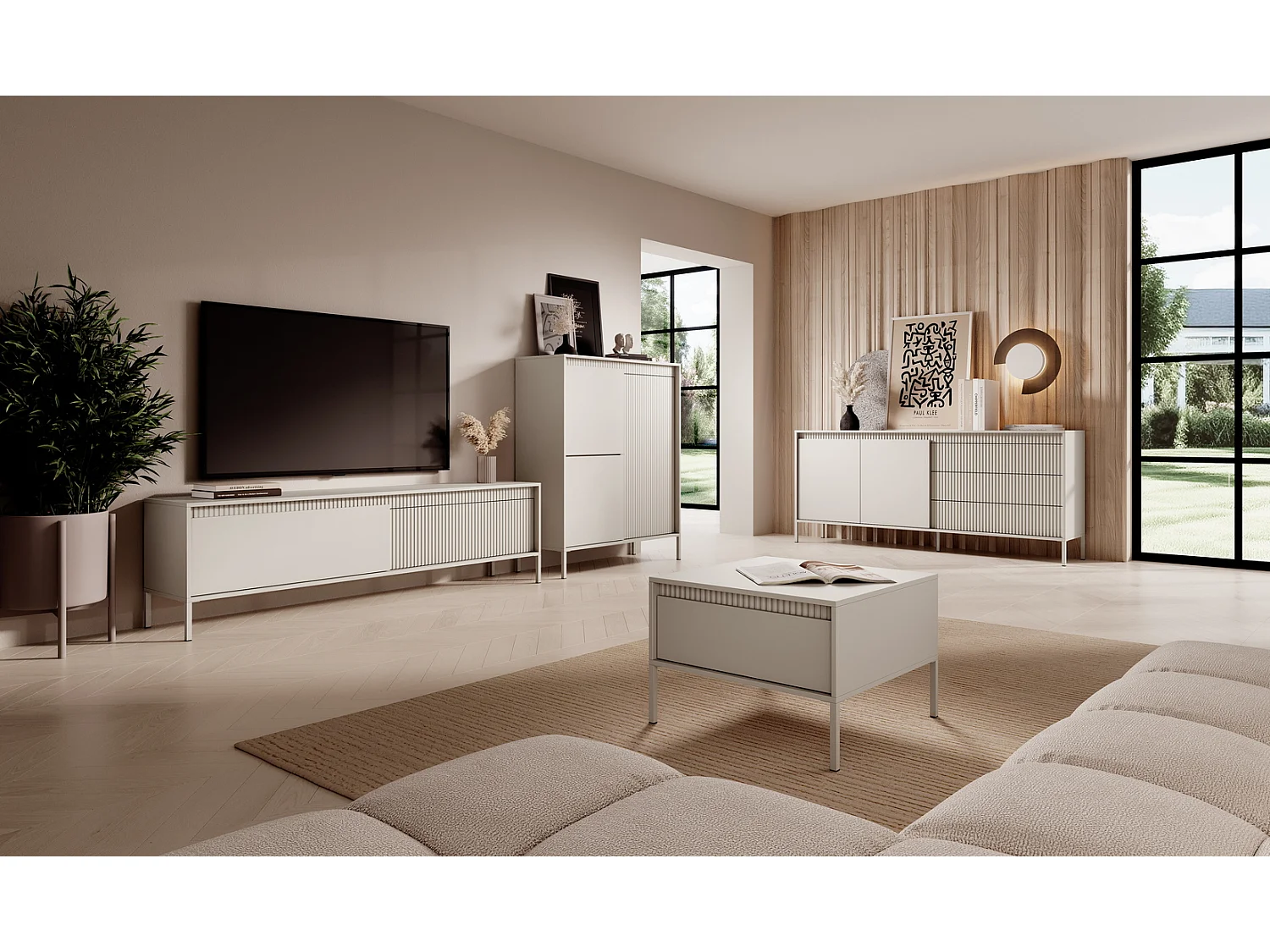 Commode beige 105 cm Santori - pieds hauts, commode à trois portes