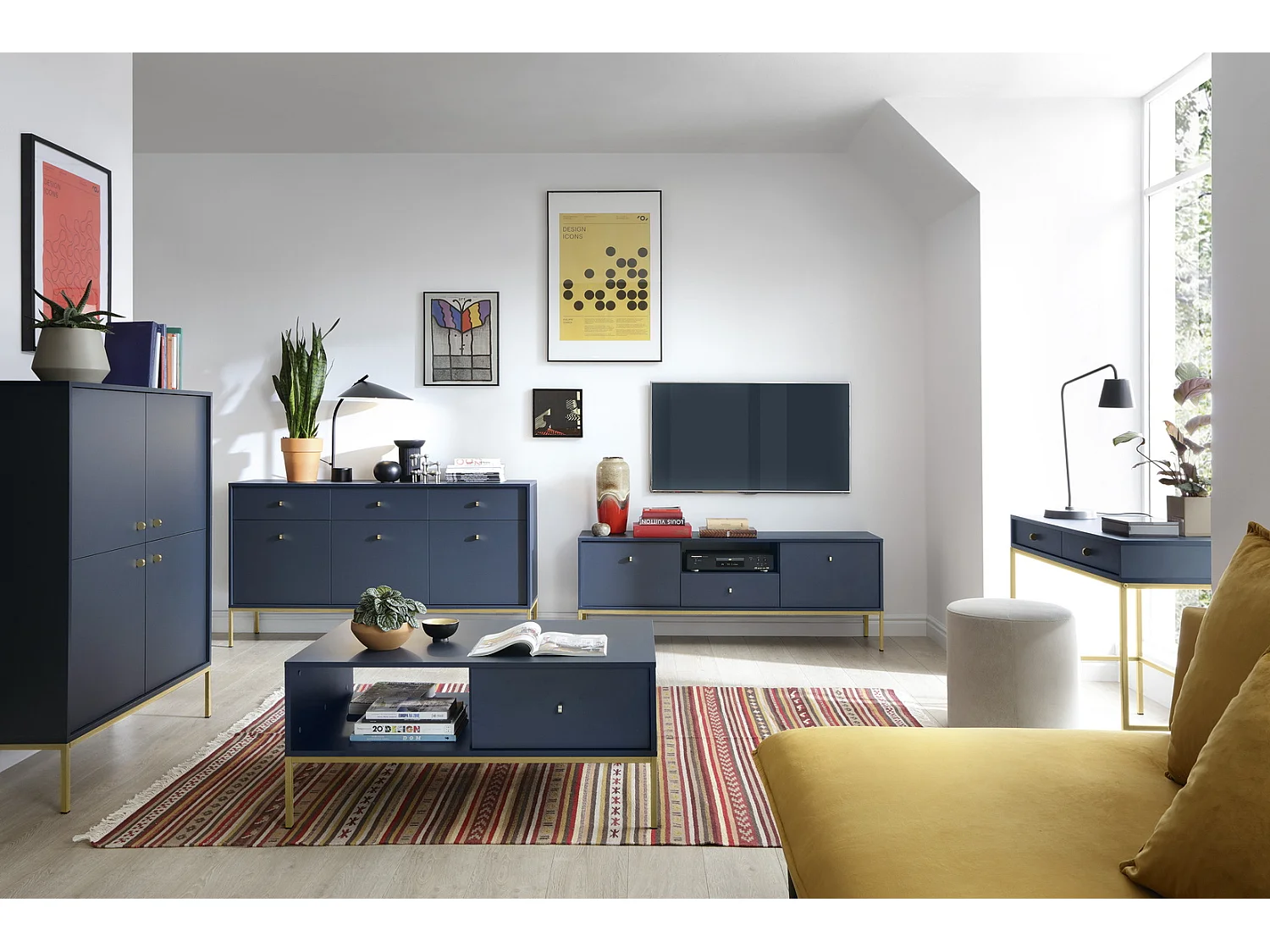 Commode avec tiroirs Monti sur pieds - 2 portes, 100 cm, bleu marine + or