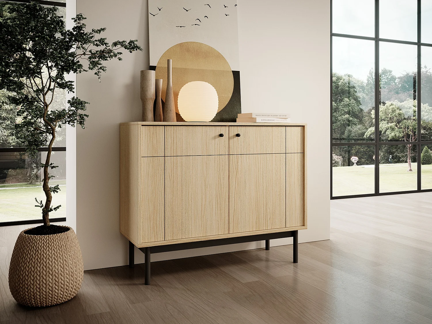 Commode 100 cm pour le salon Lunaris, commode en bois sur pieds, 2 portes - chêne Linea