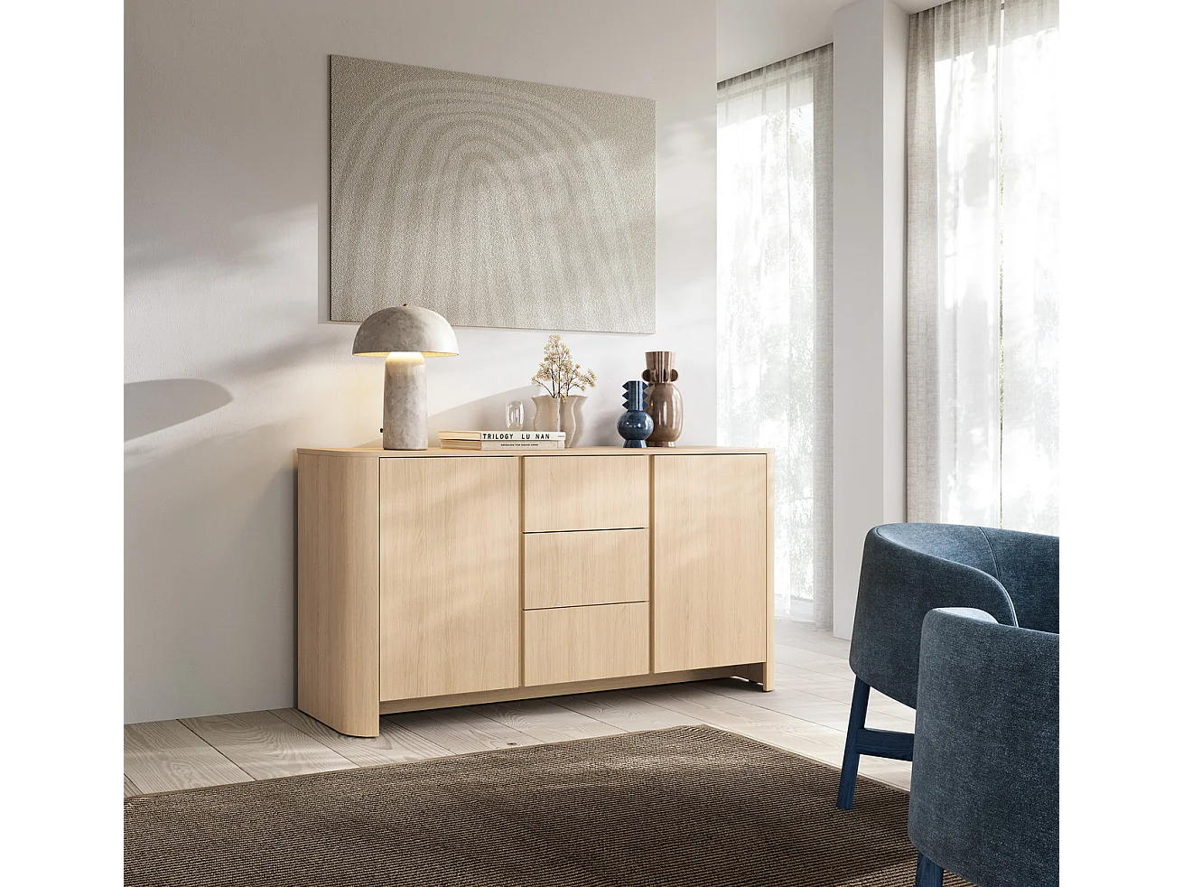 Commode 170 cm pour salon Mezzano, commode avec tiroirs, deux portes, finition bois - chêne Vicenza