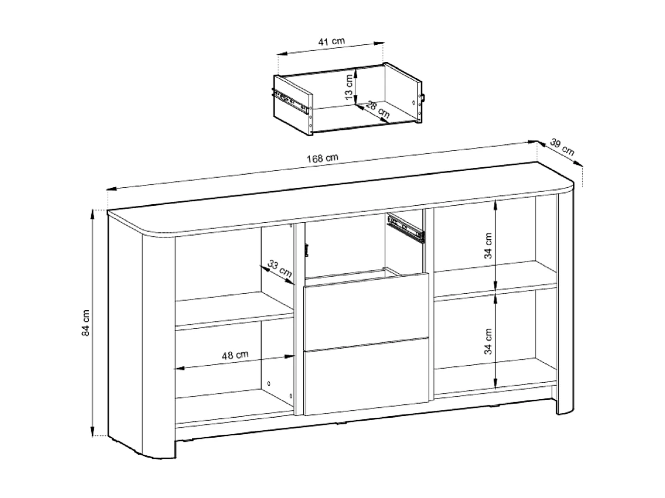 Commode 170 cm pour salon Mezzano, commode avec tiroirs, deux portes, finition bois - chêne Vicenza
