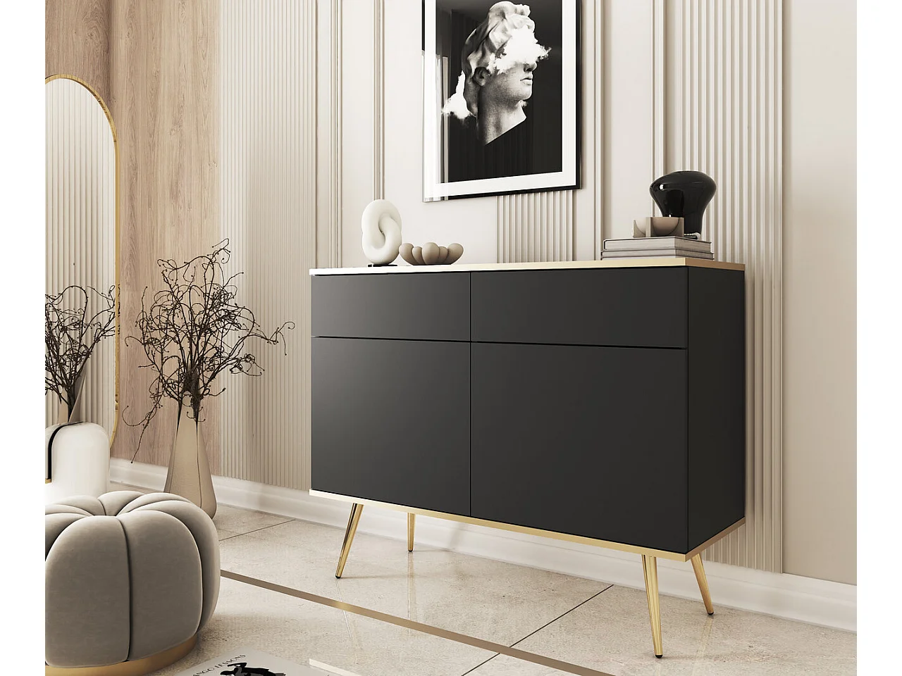 Commode avec tiroirs 107 cm Rodi, 2 portes, sur pieds - meuble de salon, noir + or