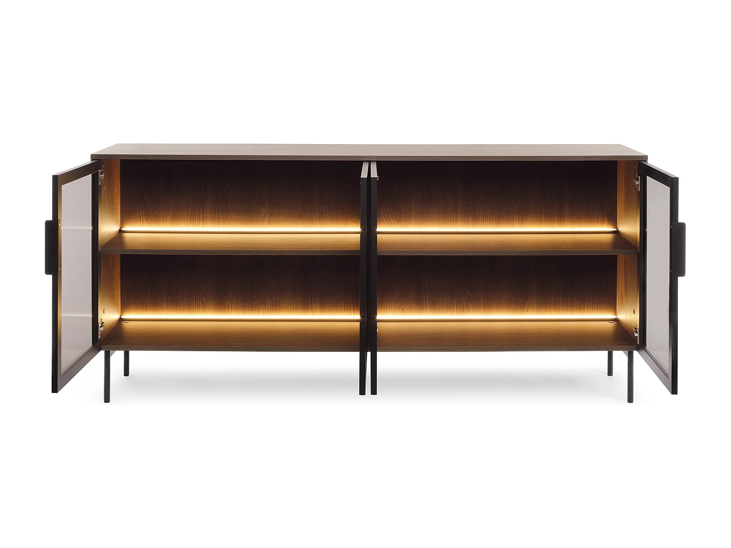 Commode sur pieds 180 cm Senzia avec LED - buffet pour le salon, 4 portes en verre - chêne Dunin