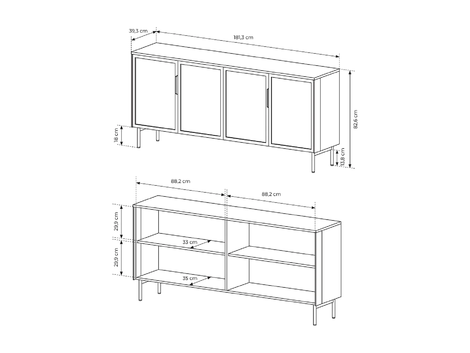 Commode sur pieds 180 cm Senzia avec LED - buffet pour le salon, 4 portes en verre - chêne Dunin