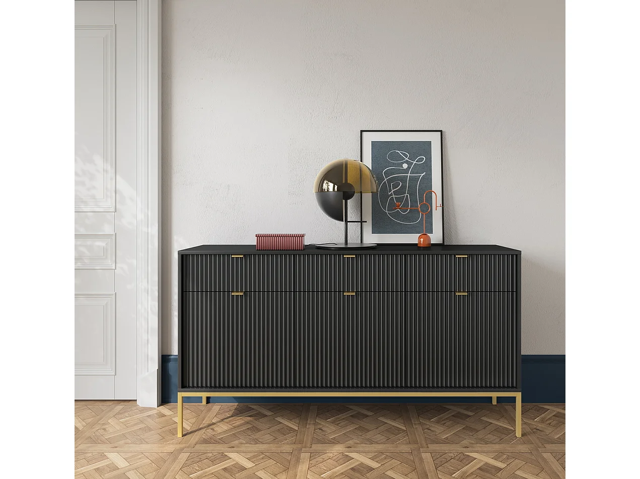 Commode 150 cm Galla à 3 portes, tiroirs, style moderne, Noir + Or