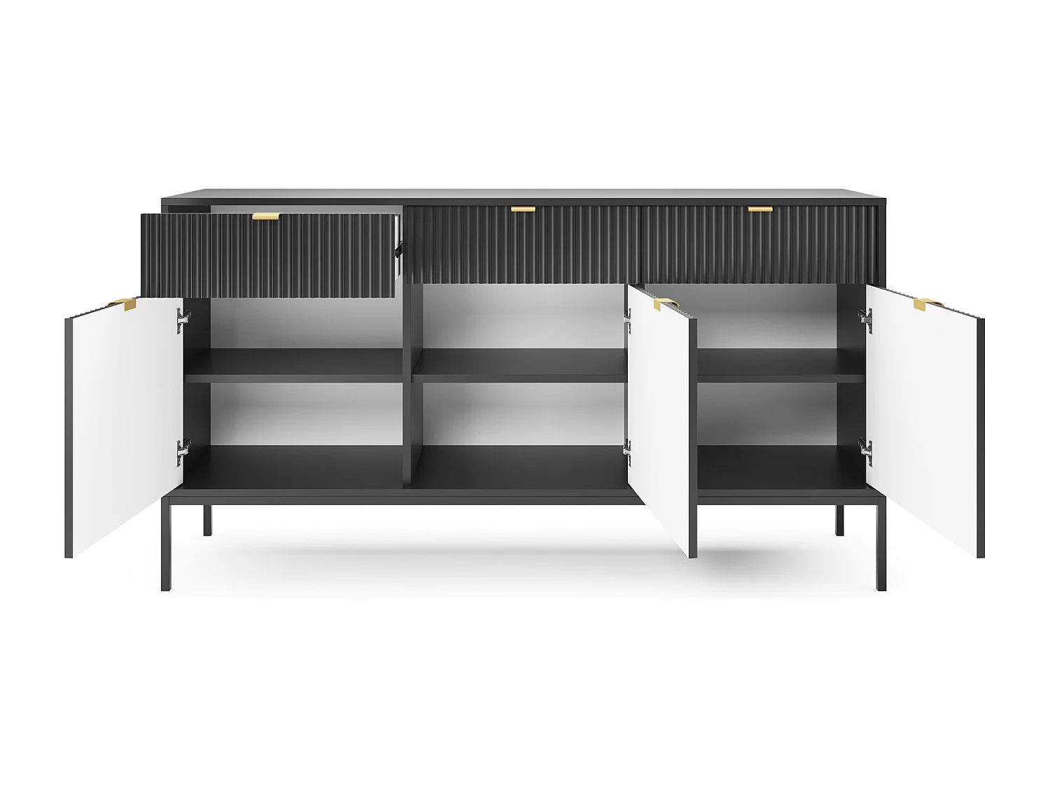 Commode 150 cm Galla à 3 portes, tiroirs, style moderne, Noir + Or