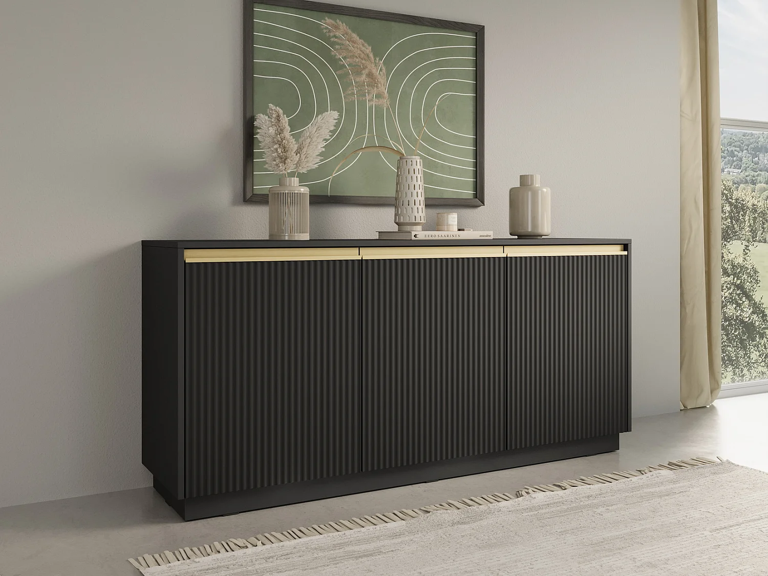 Commode 150 cm Baron, 3 deuren, geribbelde fronten - commode met soft-close, zwart