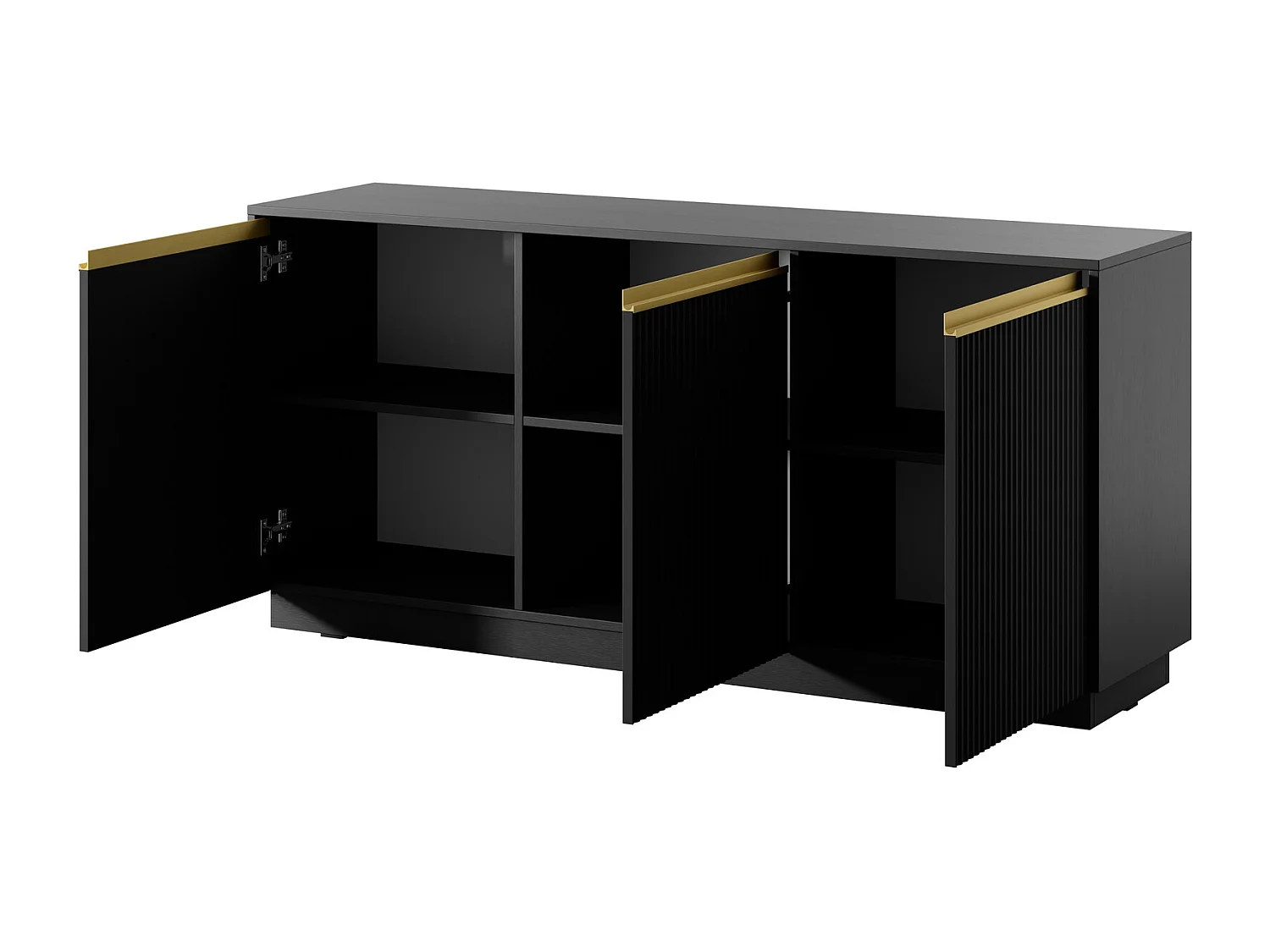 Commode 150 cm Baron, 3 deuren, geribbelde fronten - commode met soft-close, zwart