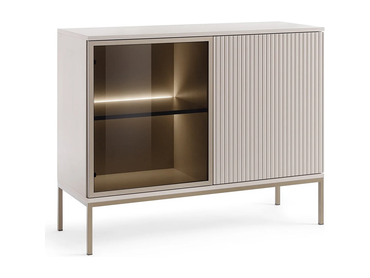 Commode 2 Portes Haller - Petite Commode 100 cm, Loft, Industriel, éclairage LED, Lamelles, Cachemire