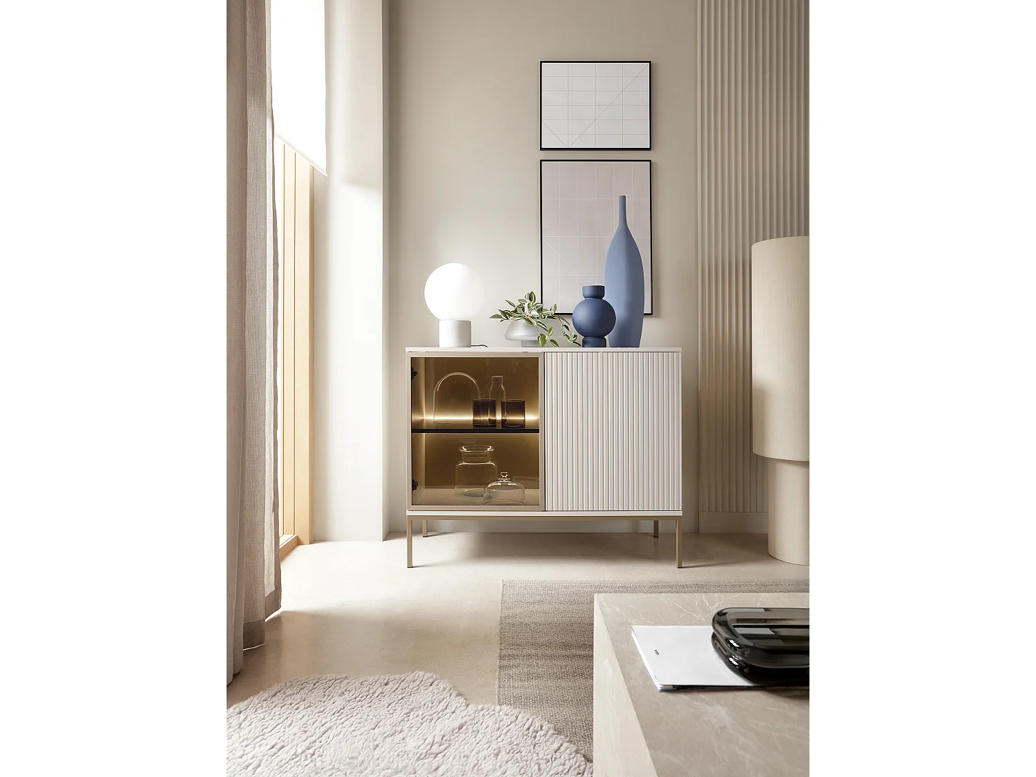 Commode 2 Portes Haller - Petite Commode 100 cm, Loft, Industriel, éclairage LED, Lamelles, Cachemire