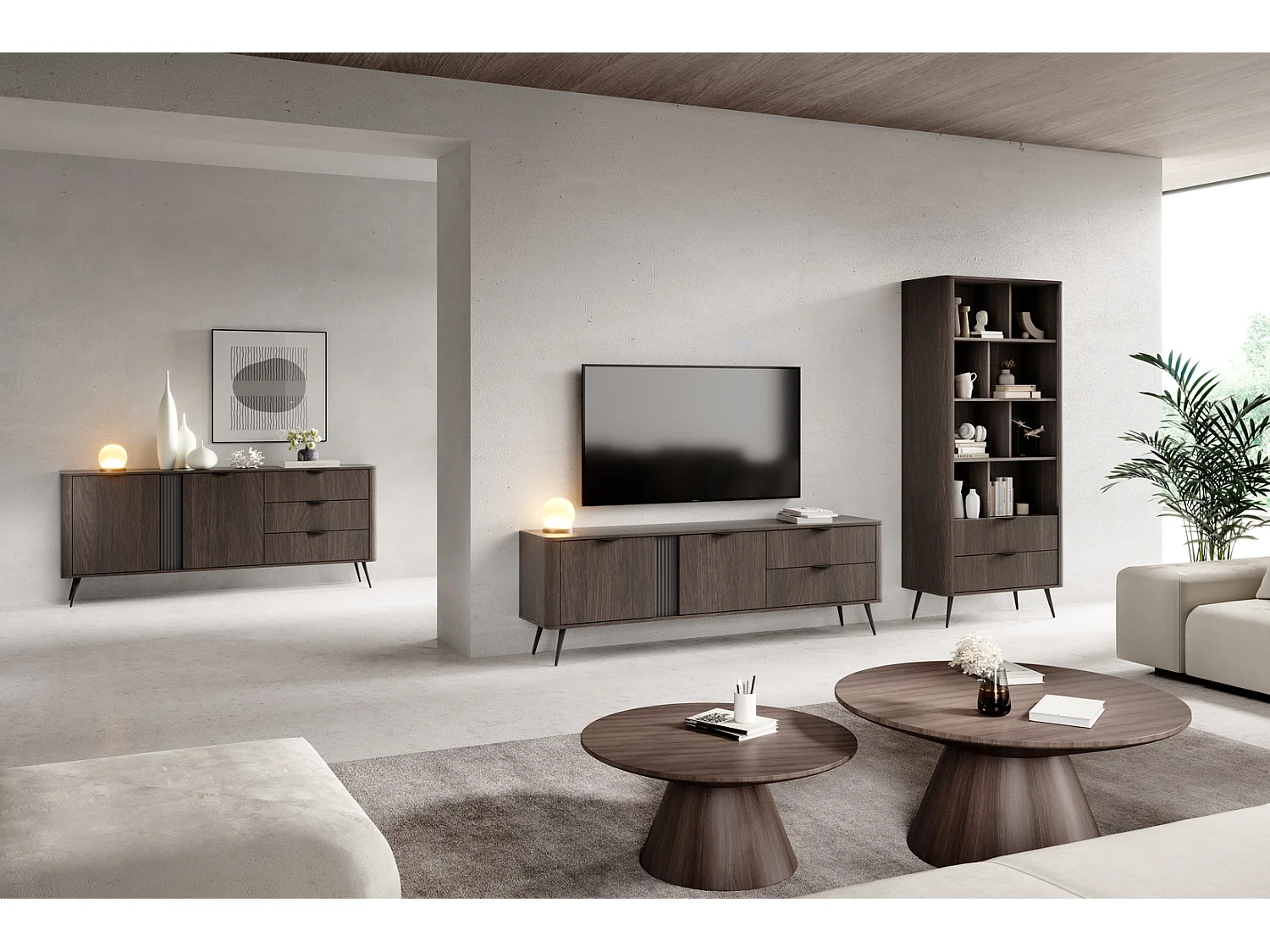 Hoge commode 135 cm Estera, 2 deuren - commode op poten, donker hout - eik Dunin