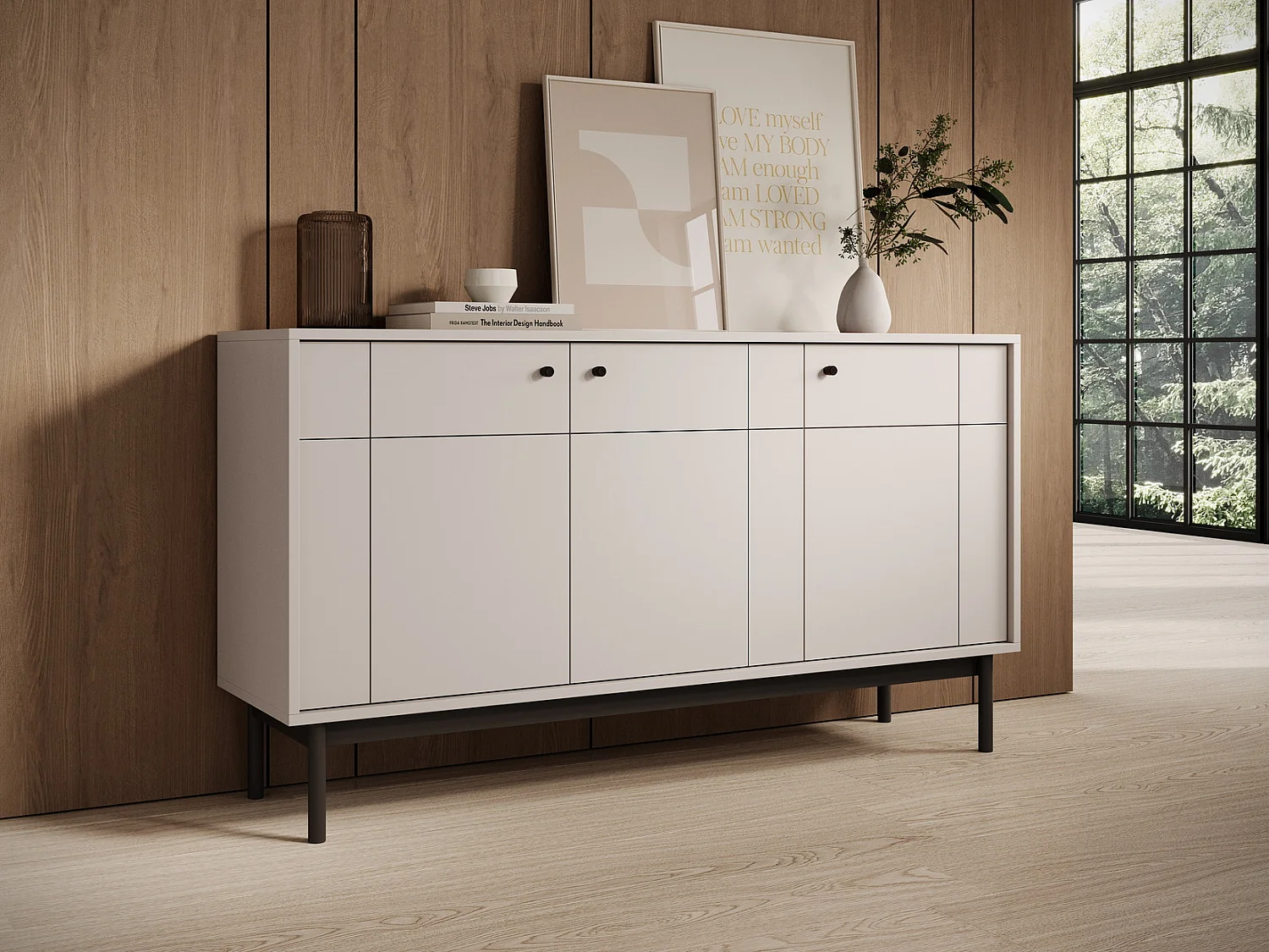 Driedelige commode Lunaris op poten, voor de woonkamer, commode 155 cm - kasjmier