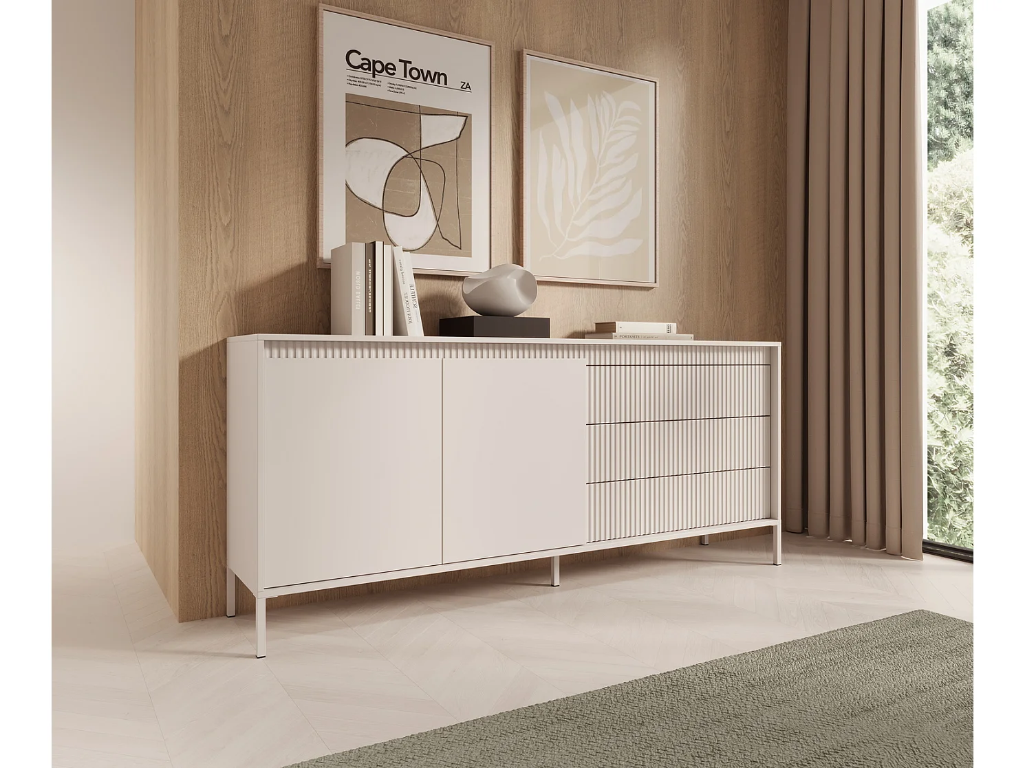 Commode 2 portes Santori - commode beige 187 cm sur pieds, 3 tiroirs
