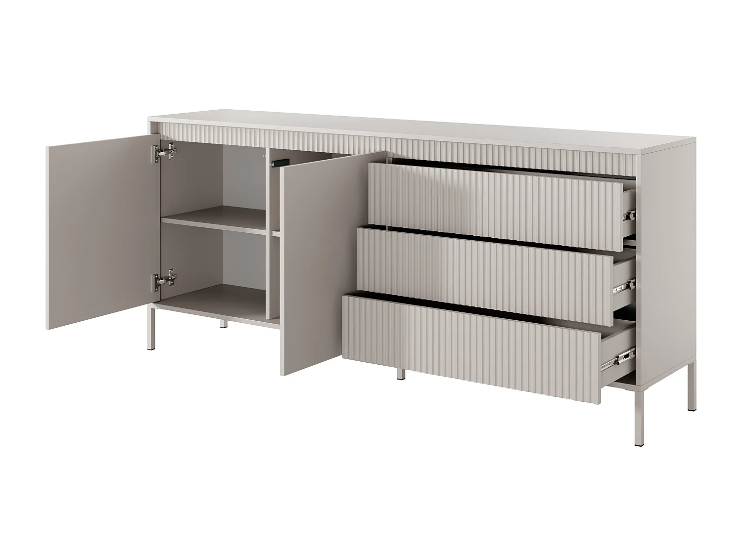 Commode 2 portes Santori - commode beige 187 cm sur pieds, 3 tiroirs